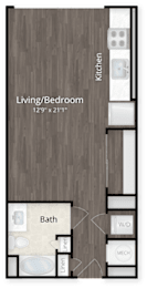 A floor plan of a living/bedroom with a bath and kitchen.