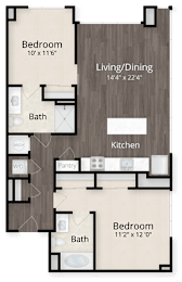 A floor plan of a small apartment with two bedrooms, a living/dining area, kitchen, pantry, and two bathrooms.