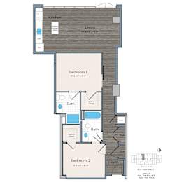 A floor plan of a house with a kitchen, living room, and two bedrooms.