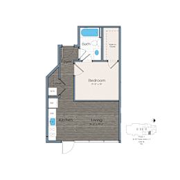 A floor plan of a small apartment with a bedroom, a kitchen, and a bathroom.