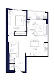 A floor plan of an apartment with a living room, kitchen, bathroom, and two bedrooms.