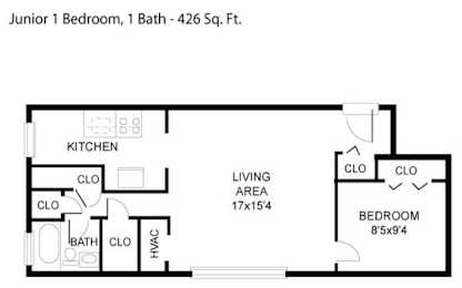 Floor plan of 426 sf junior one bedroom apartment home