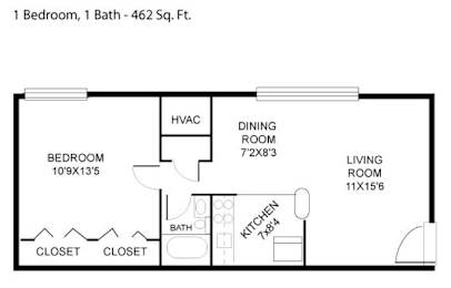 Floor plan of a 462 sf one bedroom apartment