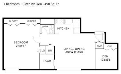 Floor plan of a 490 sf one bedroom apartment