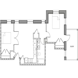 A floor plan of a house with a balcony.