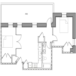 A black and white floor plan of a house with a labeled patio.