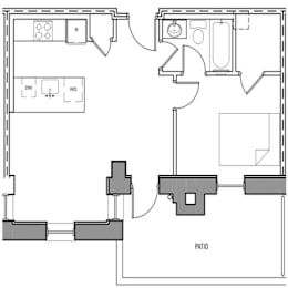 A floor plan of a house with a labeled patio.