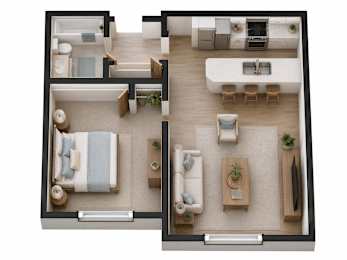 A top-down view of a modern apartment layout with a kitchen, living room, and bedroom.