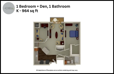 Floor Plan  a floor plan of a 1 bedroom  den 1 bathroom k 984 sq ft