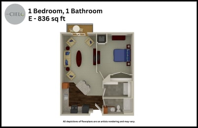Floor Plan  a floor plan of 1 bedroom 1 bathroom e 836 sq ft