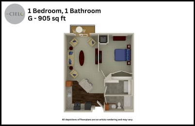 Floor Plan  a floor plan of a 1 bedroom 1 bathroom g g0905 sq ft
