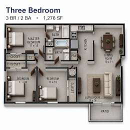 Floor Plan  A 3 bedroom apartment with 2 bathrooms and a living room.