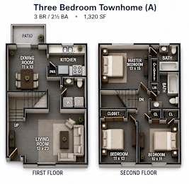 Floor Plan  A diagram of a three bedroom townhome with a living room, dining room, kitchen, and bathrooms.