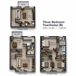 Floor Plan  A diagram of a three bedroom townhouse layout.