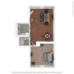 Floor Plan  3D floor plan showing one bedroom layout at Carver Ridge Townhomes Apartments, Chaska