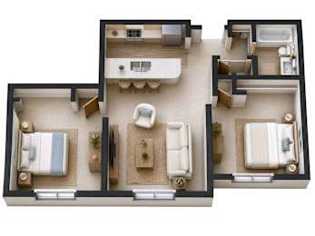 A top-down view of a house layout with a living room, dining area, kitchen, and bedrooms.