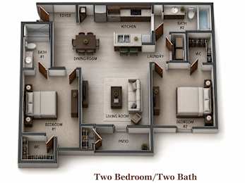 A diagram of a two bedroom/two bath apartment layout.