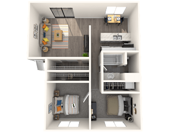3D floor plan with two bedrooms and bathroom at Park Station Apartments, Midvale, UT 84047
