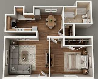 A top-down view of a modern apartment layout with a living room, kitchen, dining area, and bedrooms.