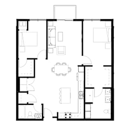 A black and white floor plan of a house with a kitchen, living room, and bedrooms.