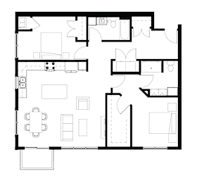 A black and white floor plan of a house with a dining area and a kitchen.