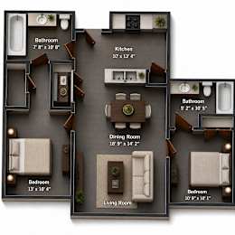 Two bedroom 2 bathroom floor plan layout at The Ellison Apartments, Layton
