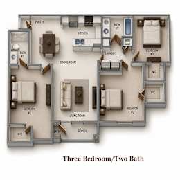 A diagram of a three bedroom apartment with two bathrooms.