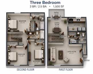 A diagram of a three bedroom apartment layout.