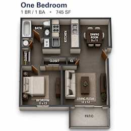 Floor Plan  A diagram of a one bedroom apartment with a living room, bedroom, kitchen, and bathroom.