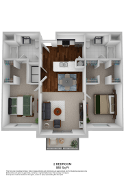 Two bedroom two bathroom 3D floor plan at The Beckstead Apartments, South Jordan, UT 84095