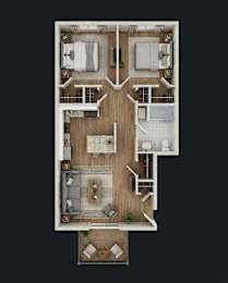 A top-down view of a house layout with a central living area, two bedrooms, a kitchen, and a bathroom.