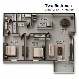Floor Plan  A 2 bedroom apartment floor plan with a living room, dining room, kitchen, bathroom, and two bedrooms.