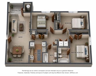 A 3D floor plan of a house with a dining room, kitchen, two bedrooms, a bathroom, and a patio.