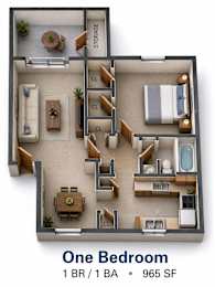A floor plan of a one bedroom apartment with a living room, kitchen, and bathroom.