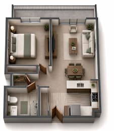 A top-down view of a living room, kitchen, and dining area.