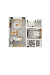 A top-down view of a house layout with a kitchen, living room, dining area, and bedrooms.