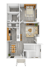 A top-down view of a small apartment with a kitchen, living room, and bathroom.