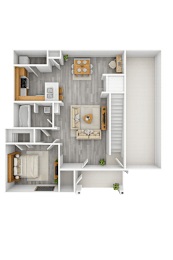 A top-down view of a small apartment with a kitchen, living room, and bedroom.