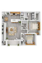 A top-down view of a house layout with a living room, kitchen, dining area, and bedrooms.