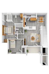 A top-down view of a house layout with a living room, kitchen, and two bedrooms.