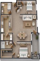 A top-down view of a house layout with a kitchen, living room, dining room, and bedrooms.