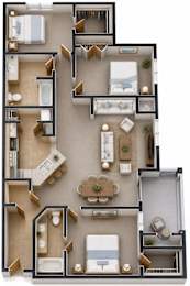 A detailed 3D floor plan of a multi-bedroom apartment.