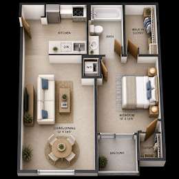 A floor plan of a small apartment with a living room, kitchen, bathroom, and balcony.