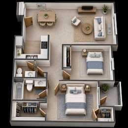 A 3D floor plan of a small apartment with two bedrooms, a living room, a kitchen, and a bathroom.