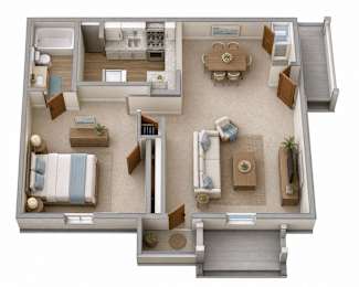 A 3D floor plan of a house with a kitchen, living room, dining room, and two bedrooms.