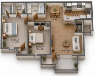 A 3D floor plan of a house with two bedrooms, a living room, a dining room, a kitchen, and two bathrooms.