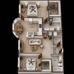 A 3D floor plan of a house showing a master suite, living room, kitchen, and bathroom.