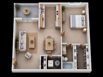 A top-down view of a small apartment with a living room, kitchen, and bathroom.