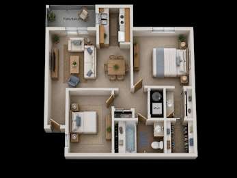 A floor plan of a small apartment with a living room, kitchen, and bathroom.