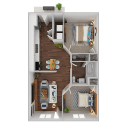 2D floor plan with two bedrooms and bathroom at Davidson Homes Apartments, Concord, NC